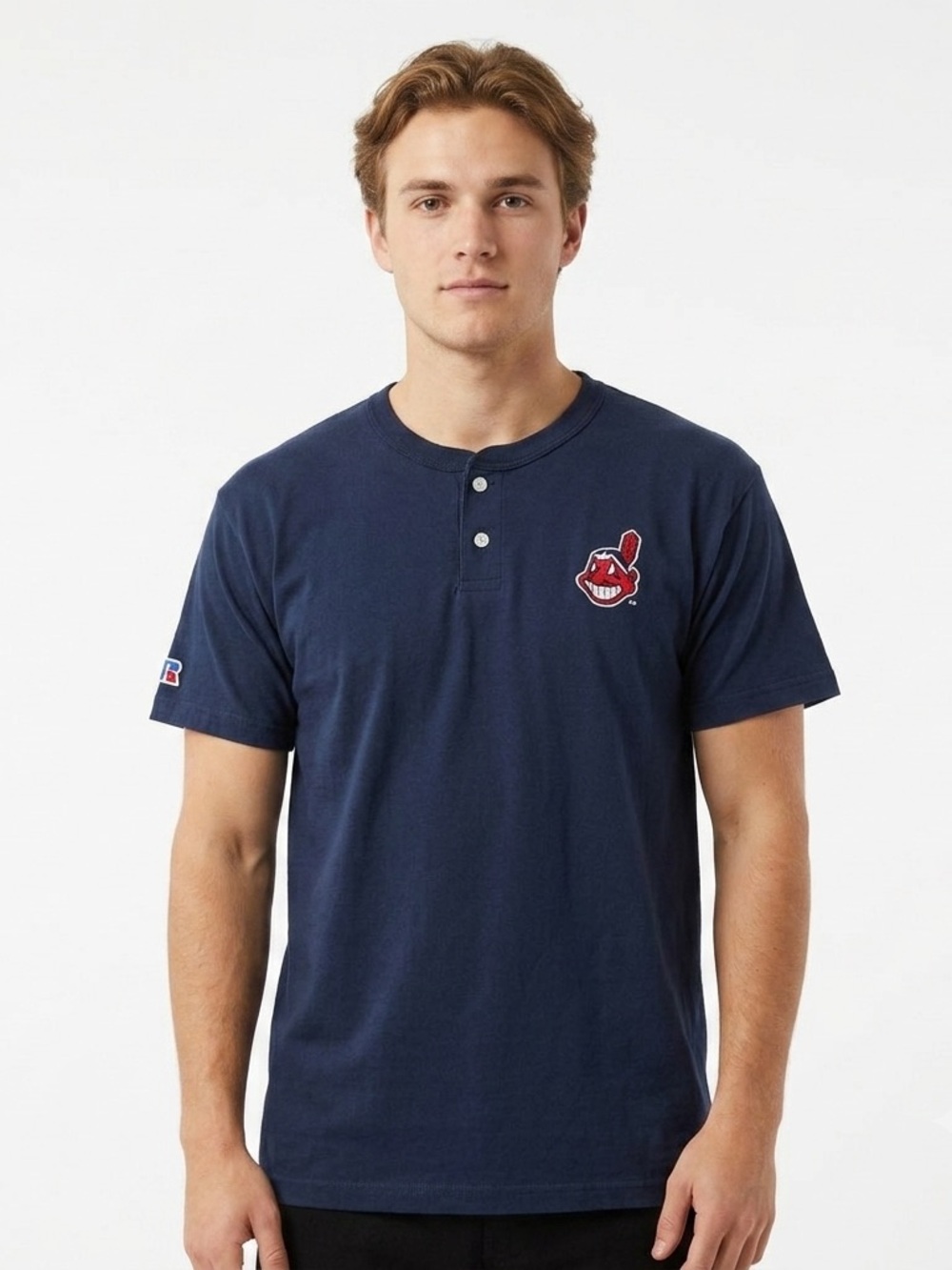 Vintage Cleveland Indians Russell Athletic Henley Shirt Navy Blue Chief Wahoo M